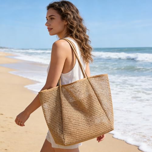 houlishu Women's mesh beach bag, summer travel mesh tote bag with large inner pocket, essential for pool vacation beach