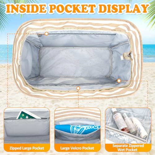 TEUEN Large Beach Bag with Zipper, 12 Pockets Waterproof Sandproof Pool Bag Womens Mesh Beach Tote Bag for Travel Vacation