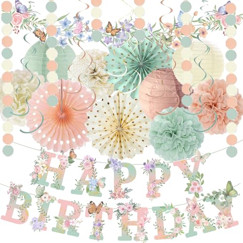 Sage Green Blush Pink Birthday Decorations,Flower Butterfly Happy Birthday Banner, Wildflower Garland,Paper Lanterns Tissu...