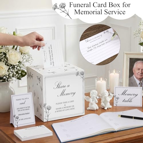 Funeral Guest Book Set with Wooden Keepsake Box – Includes 50 Blank Memory Cards, Memory Table Card, Instruction Card, Car...