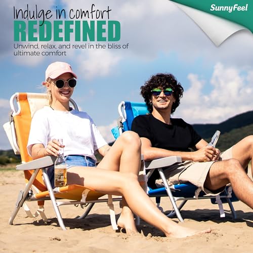 SUNNYFEEL Low Beach Chair, 5-Position Lay Flat Reclining, Backpack Portable Folding Chair with Cooler Bag & Cup Holder, He...