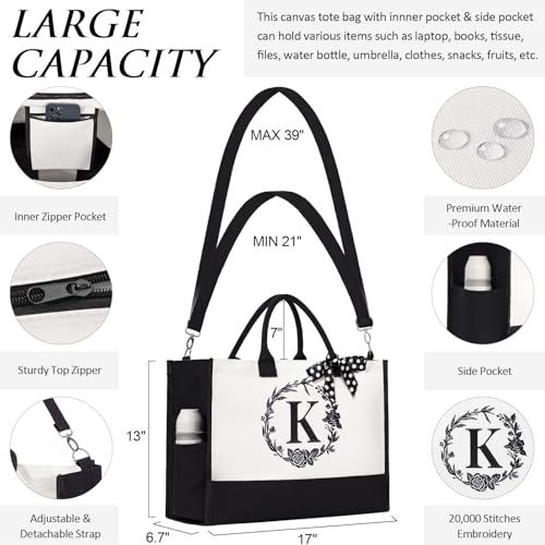 Personalized Gifts for Women, Initial Canvas Tote Bag & Makeup Bag Monogrammed Beach Tote Bags for Women w/ Zipper, Mother...