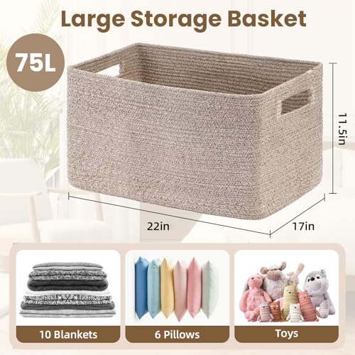 Optish 75L Large Blanket Basket, Woven Storage Baskets with Reinforced Handles, Rope Laundry Basket for Living Room, Bedro...