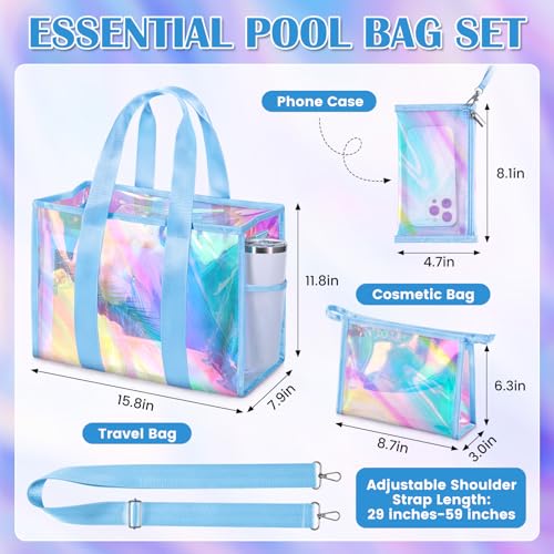 ComfyKit Iridescent Beach Bag for Women,PVC Pool Bag with Cosmetic Pouch&Phone Pouch,Summer Beach Tote for Travel & Vacation