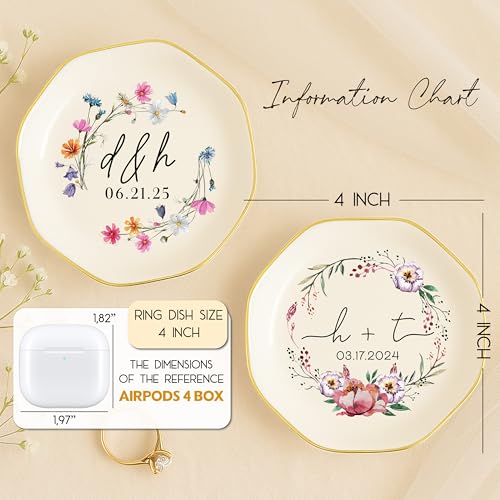 Personalized Floral Ring Dish with Couple’s Initials & Date – Custom Wedding Jewelry Holder for Bride, Engagement Ring Tra...