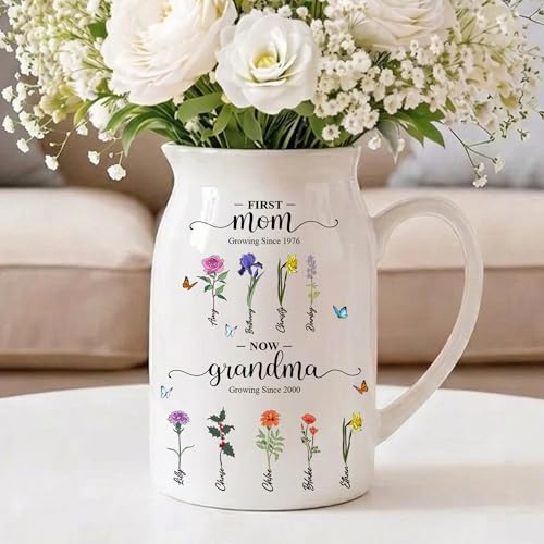 NAZENTI Personalized First Mom Now Grandma Flower Vase - Mother's Day Grandmas Garden Vases with Kids Names and Birth Mont...