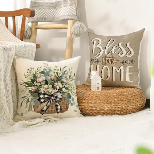 AVOIN colorlife Bless Our Home Farmhouse Eucalyptus Leaves Throw Pillow Covers, 18 x 18 Inch Truck Home Sweet Home Cushion...
