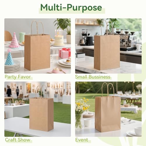 Brothersbox Small Brown Paper Bags with Handles 100PCS, 5.25 * 3.25 * 8 Inch Kraft Gift Bags Bulk for Craft Shopping Busin...