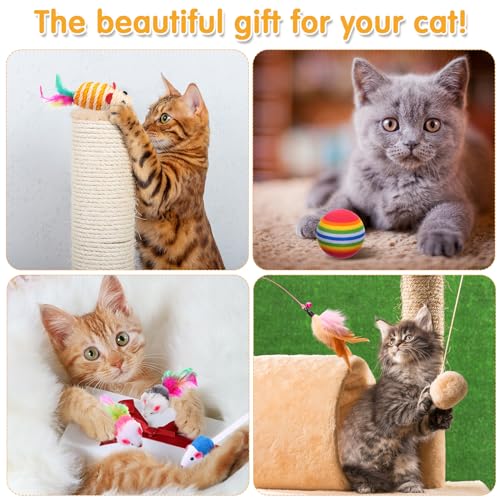 Poen 22pcs Cat Kitten Toys Set with 2 Collapsible Cat Tunnel and 20 Interactive Kitty Feather Toy, Fluffy Mouse, Crinkle B...