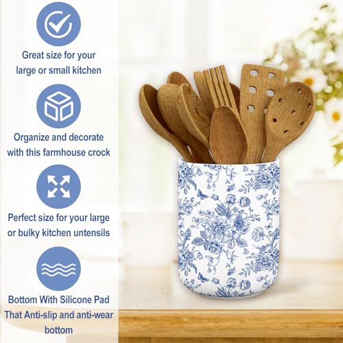 JarThenaAMCS Chinoiserie Floral Ceramic Utensil Holder Blue Flower Butterfly Utensil Crock for Home Kitchen Countertop Sto...