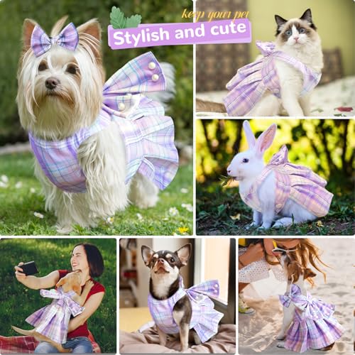 PETCARE Cute Dog Dress Clothes for Small Dogs Cats Girl Female Purple Plaid Bow Tie Dog Harness Dresses Leash Set with Pea...