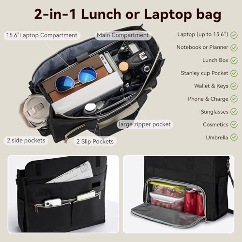 PASMAN Insulated Lunch Bag for Women, 15.6" Laptop Tote with Leakproof Cooler Compartment for Nurse Teacher Work Office an...