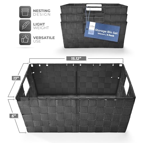 Sorbus Set of 3 Large Woven Storage Baskets – Mesh Hand-Woven Baskets for Organizing, Fabric Storage Bins for Linen Closet...