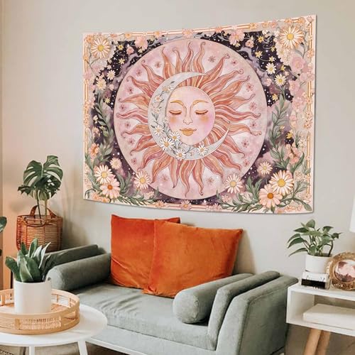 Neasow Sun Moon Daisy Tapestry, Boho Aesthetic Floral Wall Art, Pink Hippie Decor for Living Room Bedroom Home, 68x90 inches