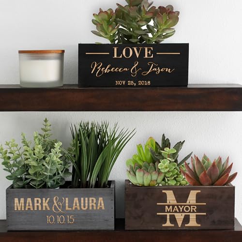 Etchey Personalized Wood Planter Box, Custom Wooden Flower Pot, Name Boxes, Pot, Brown