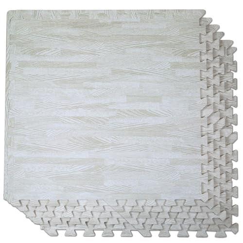 Home Aesthetics 100 Sq. Ft 3/8 Inch Thick Printed Foam Tiles Interlocking Foam Mat, 24" x 24", 25 pcs, White Wood Grain St...