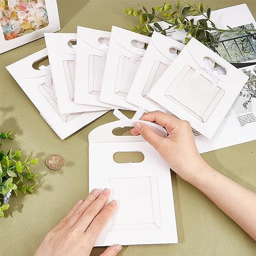 NBEADS 24 Pcs Small White Kraft Paper Bags with Window, 6.3x4.72x2.44inch Stand Up Gift Bag with Handles and Bowknot for C...