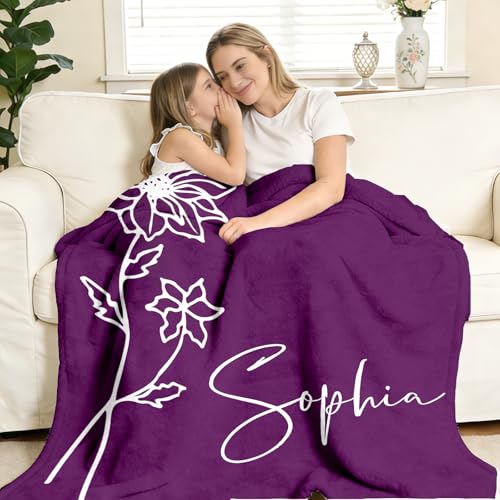 KUKULIKI Mothers Day Personalized Gifts for Mom, Custom Blanket with Name and Birth Month Flowers, Personalized Blankets f...