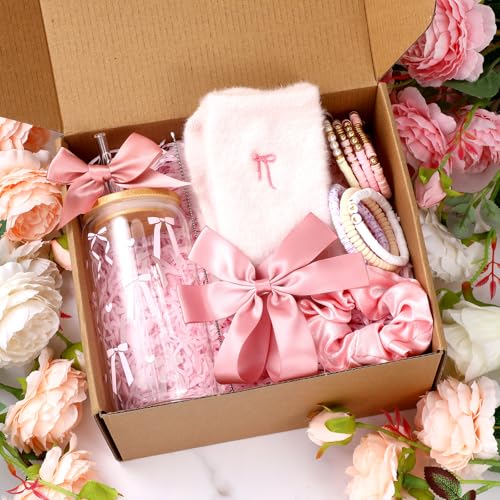 Remerry 14 Pcs Coquette Pink Bow Birthday Gift for Women Happy Birthday Gift Box for Teen Daughter Her Sister, Pink Bow Gi...