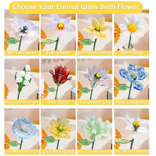 Luvlewen Glass Birth Month Flower, Handmade Glass Flower Birthday Gift for Mother Father Friends (October - Marigold)