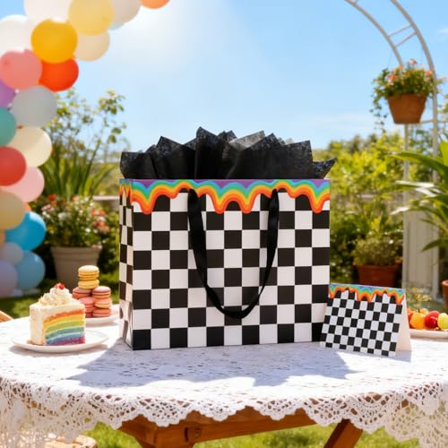ASYEHJNR 13" Large Size Checkered Rainbow Gift Bag Black and White Plaid Gift Bag with Greeting Card and Tissue Paper for ...