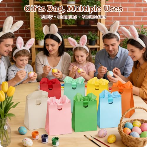 Paper Gift Bags with Ribbon Handles: 8 Pack Small Gift Bags, 8 Assorted Colors Bulk with 16 Tissue Paper, Reusable & Durab...
