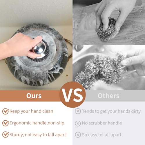 5Pcs Steel Wool Scrubber with Replacement Wire Sponge Pads Set, Stainless Steel Scrubber with Handle for Scouring Stubborn...