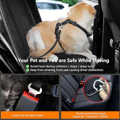 VavoPaw Dog Seat Belt Harness for Car, Dog Car Harness Adjustable Mesh Breathable & Dogs Seatbelt Safety Tether with Elast...