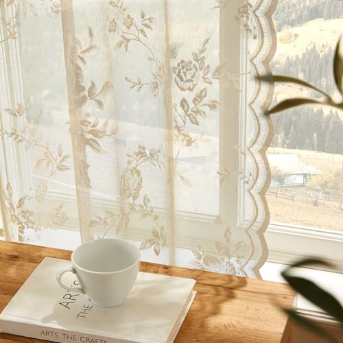 SEEKRIGHT Beige Lace Curtains 84 Inches Long Victorian Floral Sheer Curtains for Living Room Bedroom Decor Drapes Rod Pock...