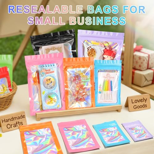 ANZNKU 100 Pack Holographic Bags, Smell Proof Packaging Bag, Clear Window Resealable Goodie Pouch Mylar Bags for Food Stor...