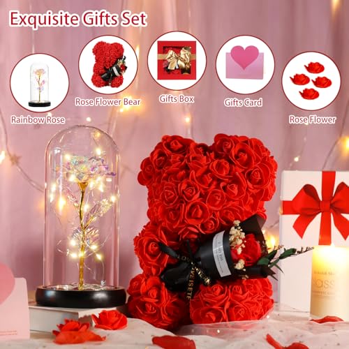 Mothers Day Rose Gifts for Mom Women Wife Girlfriend, Rose Bear & Beauty and the Beast-Inspired Rainbow Light-Up Roses Gif...