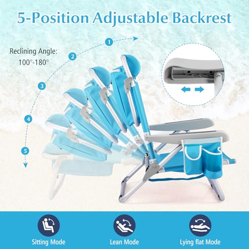 Goplus Beach Chair, 330lbs Folding Backpack Chairs for Adults with 5-Position Backrest, Storage Pockets, Towel Bar & Headr...