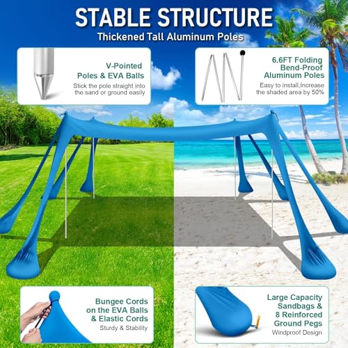 Ahititi Beach Tent Sun Shelter Beach Canopy Tent Sun Shade Pop Up 10x10 UPF50+ with 8 Sandbags-2 Sand Shovel-Portable 4 Al...