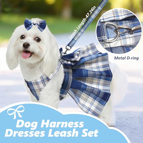 Dog Dress Bowknot Harness Leash Set for Small Dogs Girl Cute Plaid Dog Dress Pearls Bow Tie Spring Summer Princess Clothes...