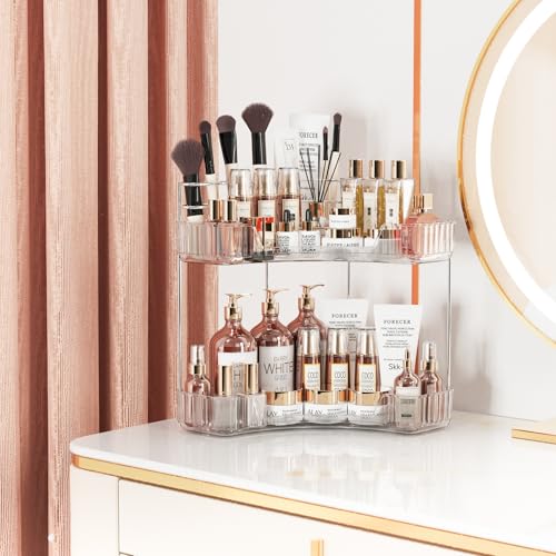 Asayuee 2-Tier Corner Bathroom Counter Organizer with Top Toothbrush Holders,Large Makeup Organizer Countertop with Brush ...