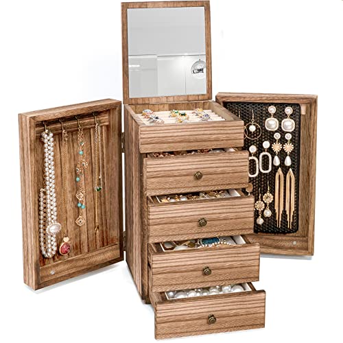 Meangood Jewelry Box Wood for Women, 5-Layer Large Organizer Box with Mirror & 4 Drawers for Rings, Earrings, Necklaces, V...