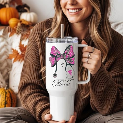 Personalized Nurse Bow Tumbler, Custom Name Nurse Tumbler with Floral Stethoscope, Nursing Student Gift, Nursing Appreciat...