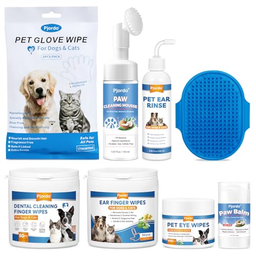 Pjordo Dog Wipes Cleaning Deodorizing, Grooming Wipes & Paw Cleaner, Pet Cleaning Kit for Teeth, Ears, Eyes, Paw, Body, Ea...