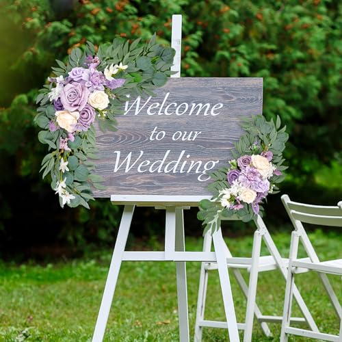 Roahosy Wedding Arch Flowers (Pack of 2), Purple Flower Swag Wedding Welcome Sign Floral Arrangements for Wedding Ceremony...