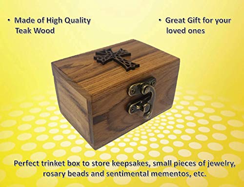 RK Collections Cross Rosary Box Made of Teak Wood | First Communion Jewelry Box | Trinket Box for Rosary Beads, Keepsakes,...