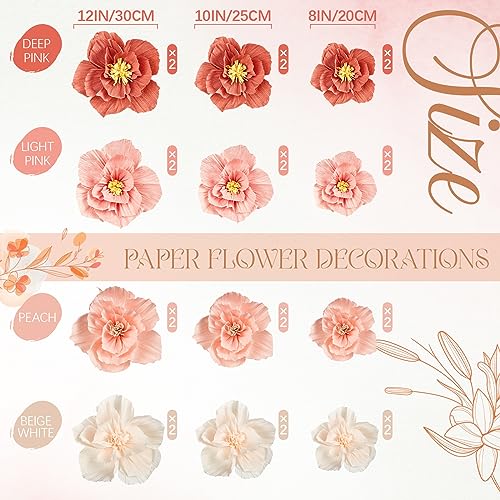 Cholemy 24 Pcs Tissue Paper Flowers, Crepe Paper Flowers Decorations 8" 10" 12" for Wedding Party Baby Bridal Shower Carni...