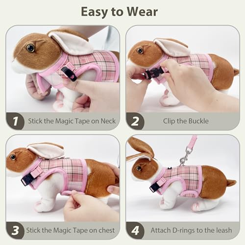 AIITLE Adjustable Bunny Harness & Leash Set - Soft Mesh Liner, Comfort Fit Plaid Pattern Vest with Magic Tape Design, Port...