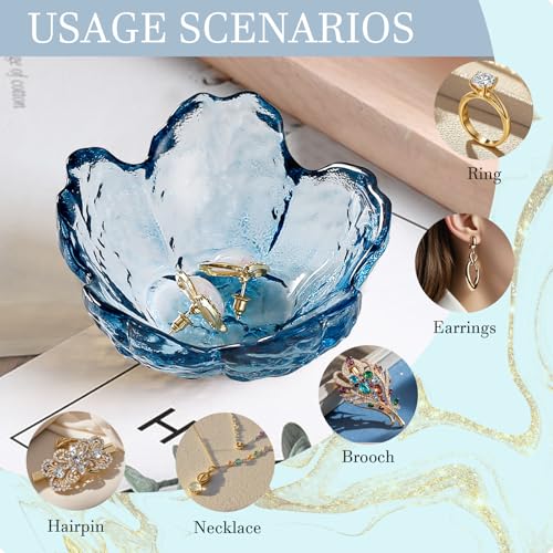 Binoster Blue Flower Glass Ring Dish Jewelry Tray Ring Holder Dish Cute Room Decor Vanity Organizer for Nightstand or Bath...