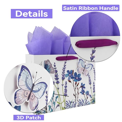 Qirrmiy 13" Large Purple Gift Bag Set with Greeting Card and Tissue Paper (Lavender and 3D Butterfly) Women's Birthday, Mo...