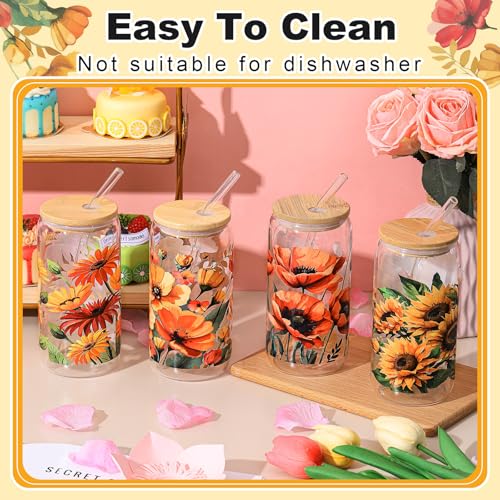 Mumufy 4 Pack Oil Flower Themed Gifts for Women Cute Glass Cup Tumbler Flower Iced Coffee Mugs 16 oz Glass with Bamboo Lid...