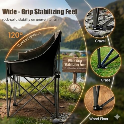 EMERIT Oversized Fully Padded Camping Chair, Heavy Duty 650LB Folding Camping Loveseat, Quad Fold Double Camping Couch wit...