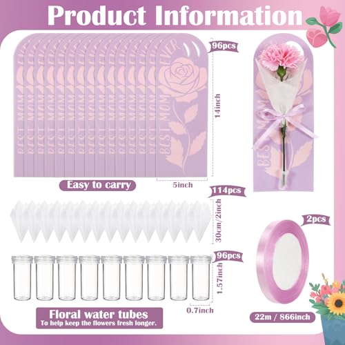 Eaasty 96 Set Mother's Day Themed Single Carnation Card Sleeve Gift Packaging Flower Holder with Floral Water Tubes Ribbon...