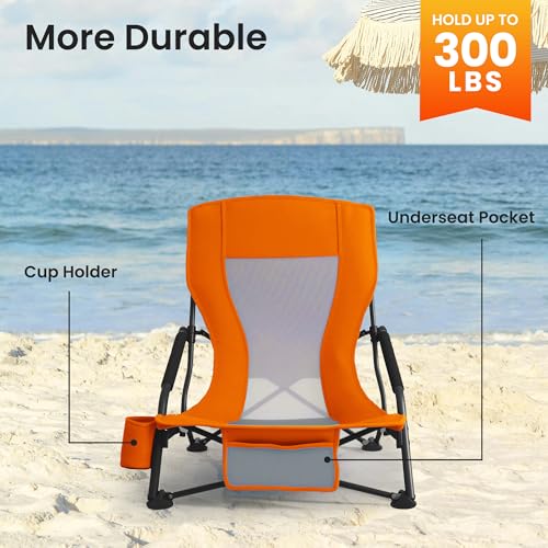 Foristrail Portable Folding Beach Chair for Adults - Lightweight Low Back Sling Chair with Cup Holder & Storage Pocket, 30...