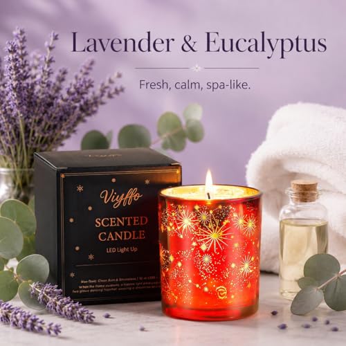 Viyffo 12oz LED Light Up Scented Candle, Lavender & Eucalyptus Soy Candle, Decorative Red Glass Jar Candle, Non Toxic Home...