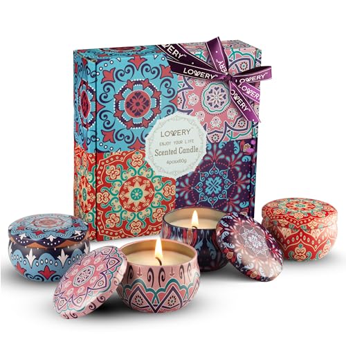 LOVERY 4 Pack Soy Candle Gift Set, Scented Candles, 10% Essential Oil Aromatherapy, 120h Burning, Stress Relief Gifts for ...
